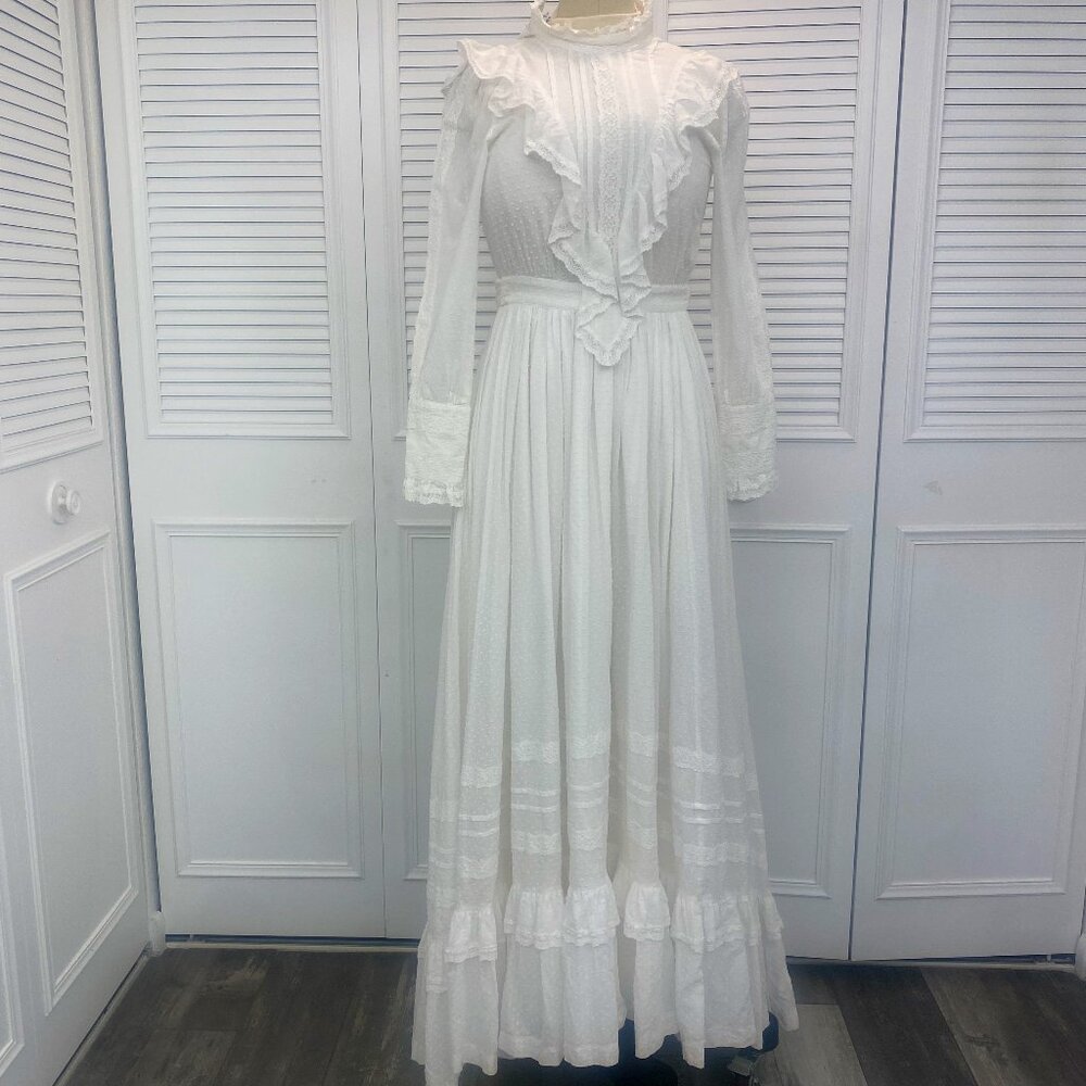Vintage Laura Ashley 80s White Dotted Swiss Wedding Dress Western Prairie Style